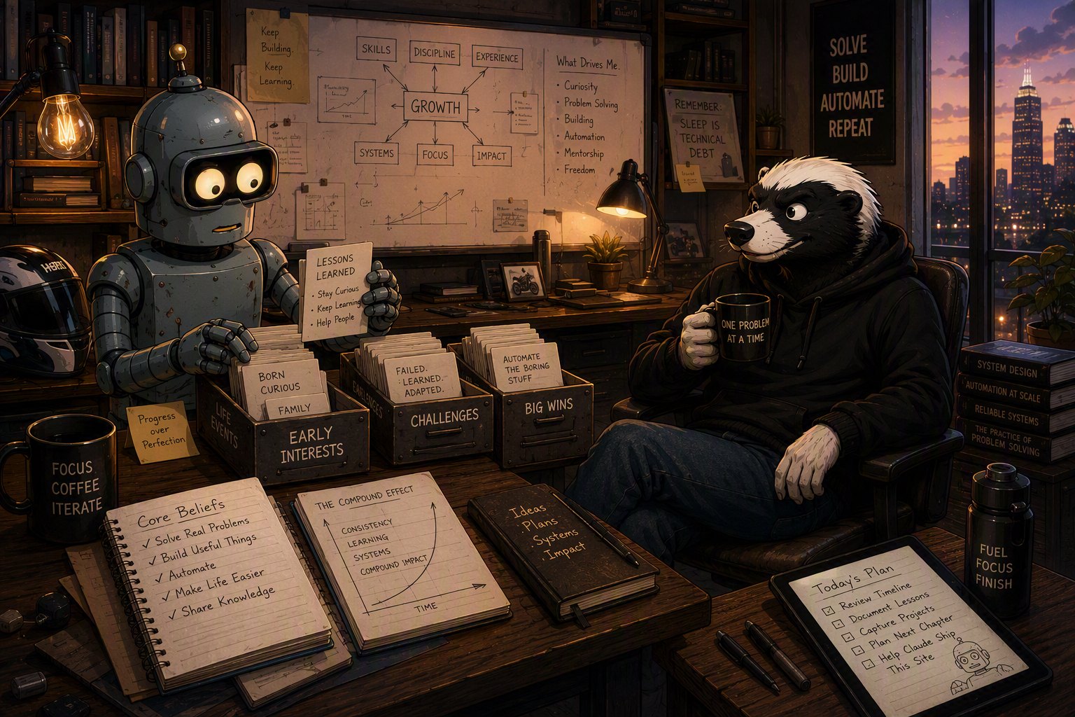 Cory relaxing with a coffee while Claude organizes the story — core beliefs, lessons, life events