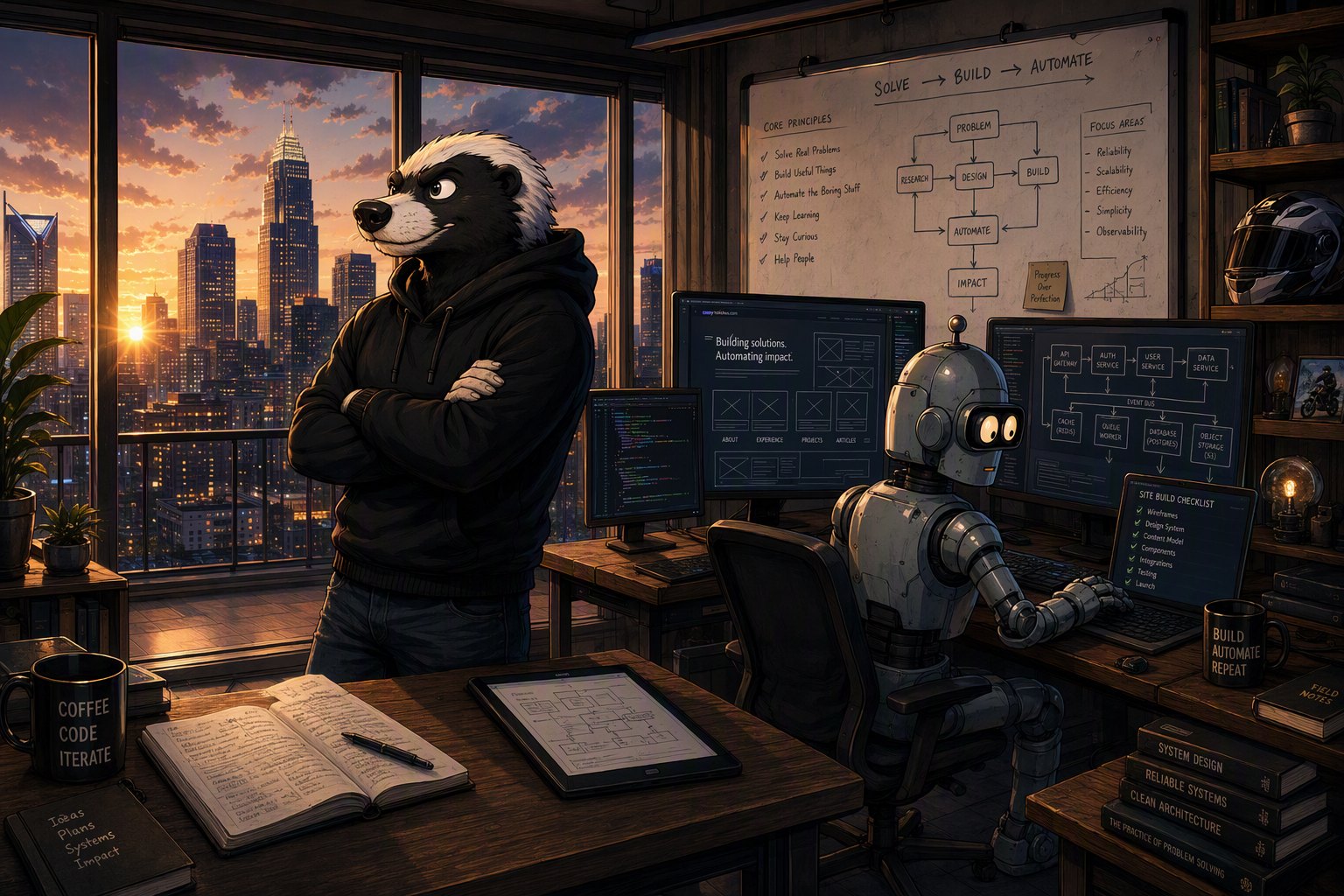Claude the robot building this website at the workbench while Cory looks out over the city at dusk