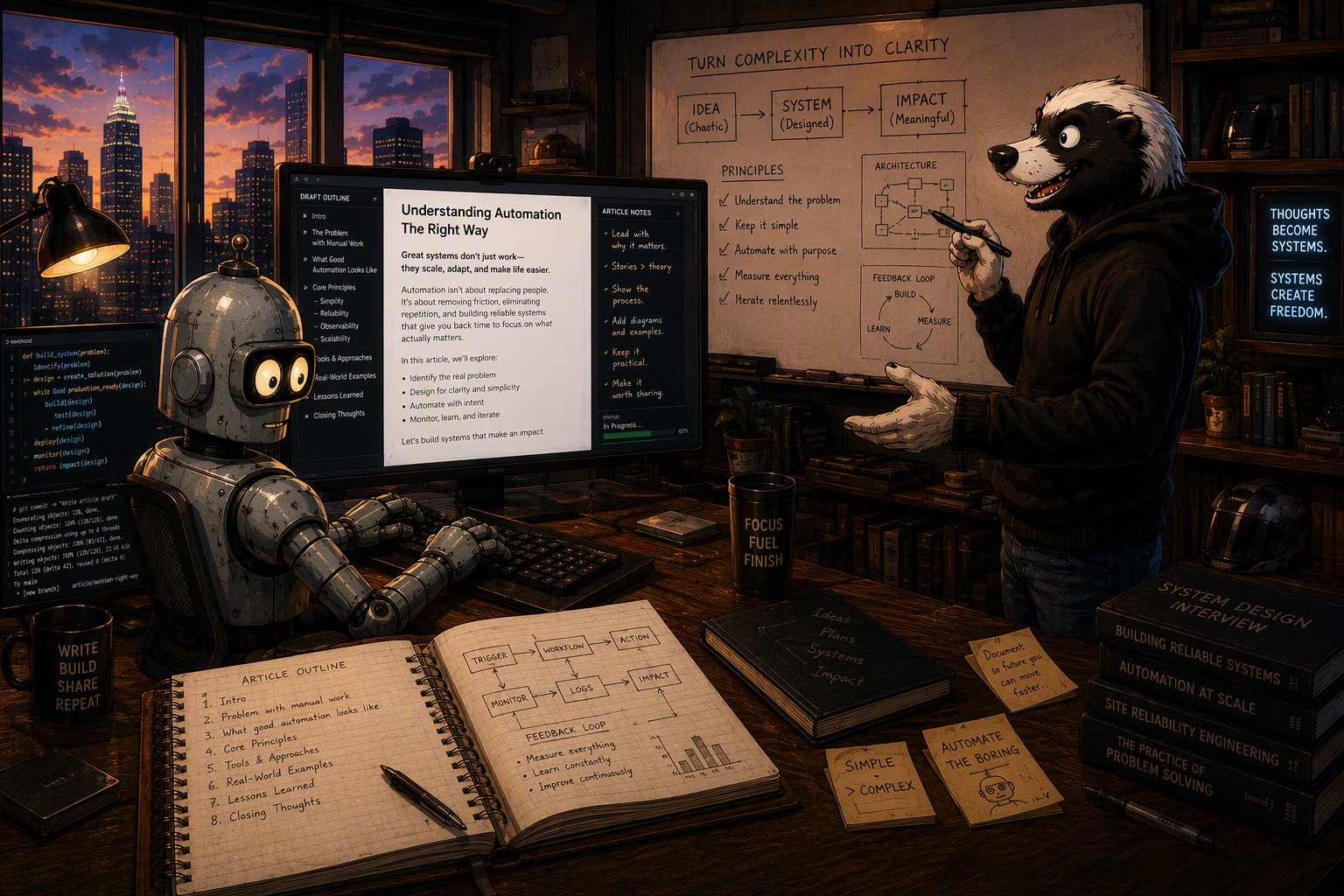Claude drafting an article while Cory works the whiteboard: turn complexity into clarity