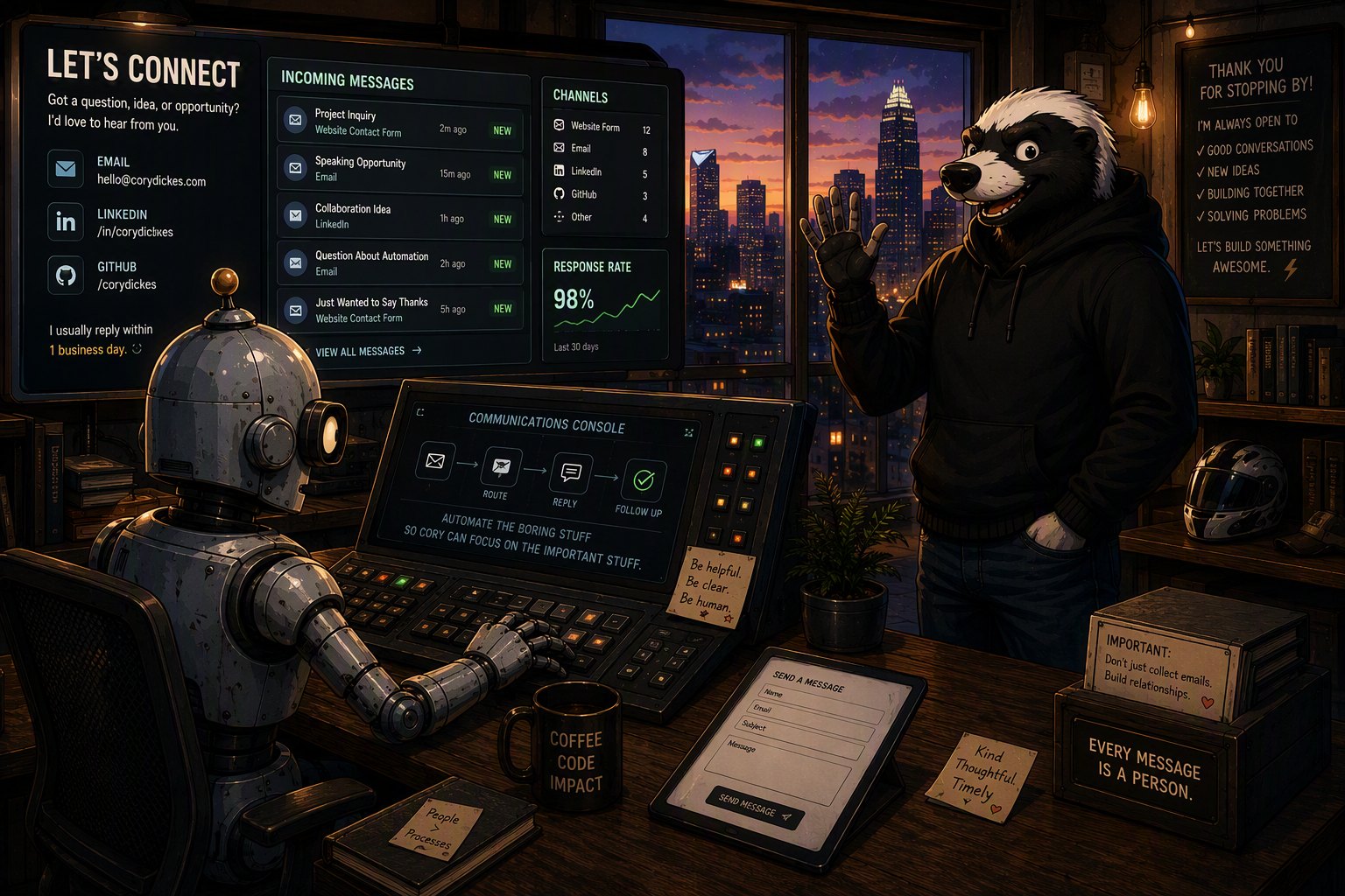 Cory waving hello; Claude at the communications console routing incoming messages