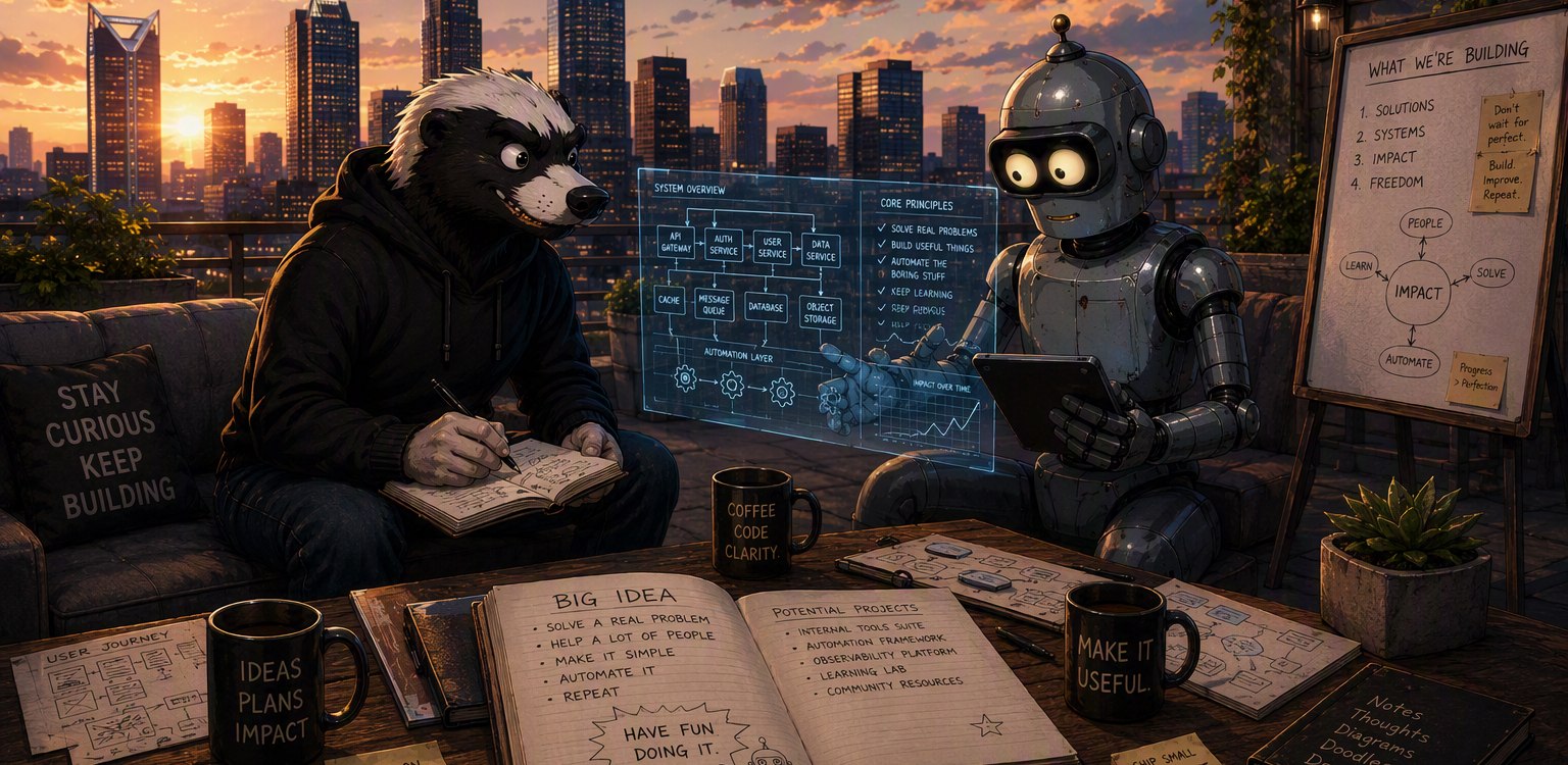 Cory and the robot at the workbench, city at dusk