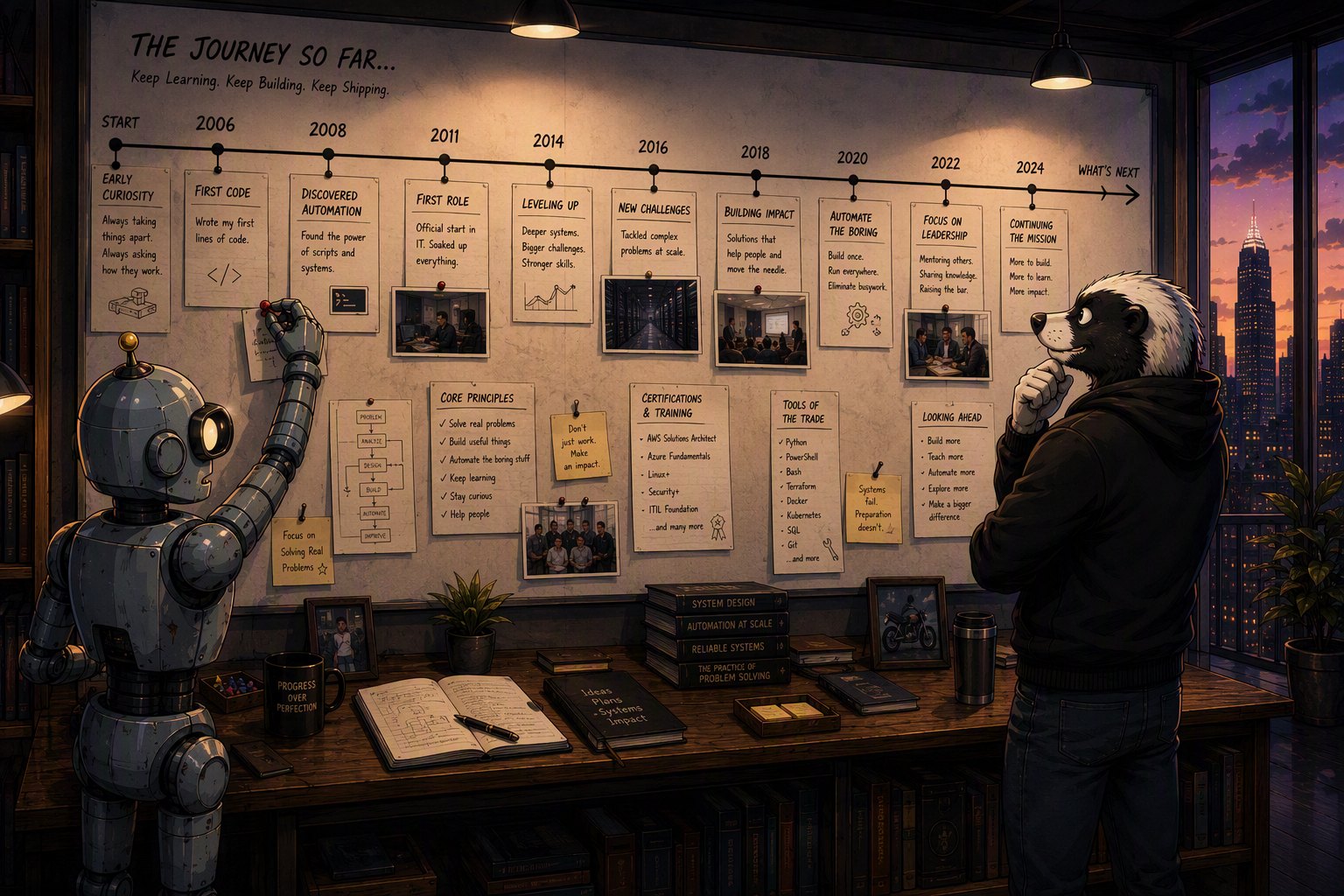 A wall timeline of Cory's career — early curiosity, first code, first IT role, automation, leadership, and what's next