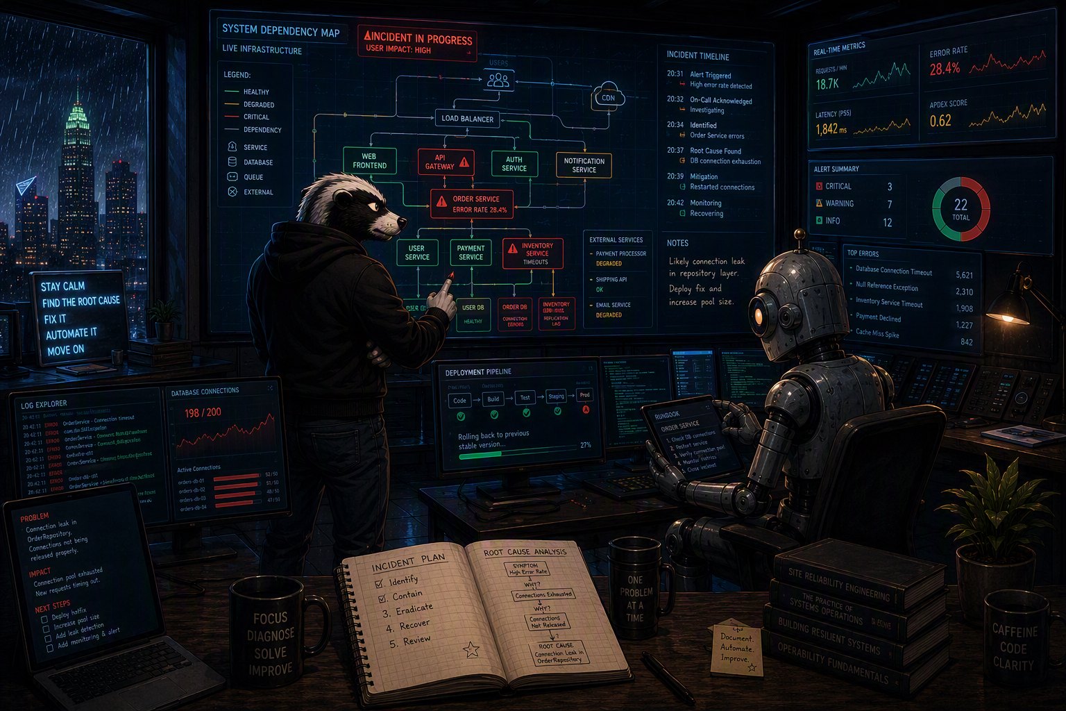 Incident war-room: Cory at the system dependency map tracing a root cause while Claude works the runbook