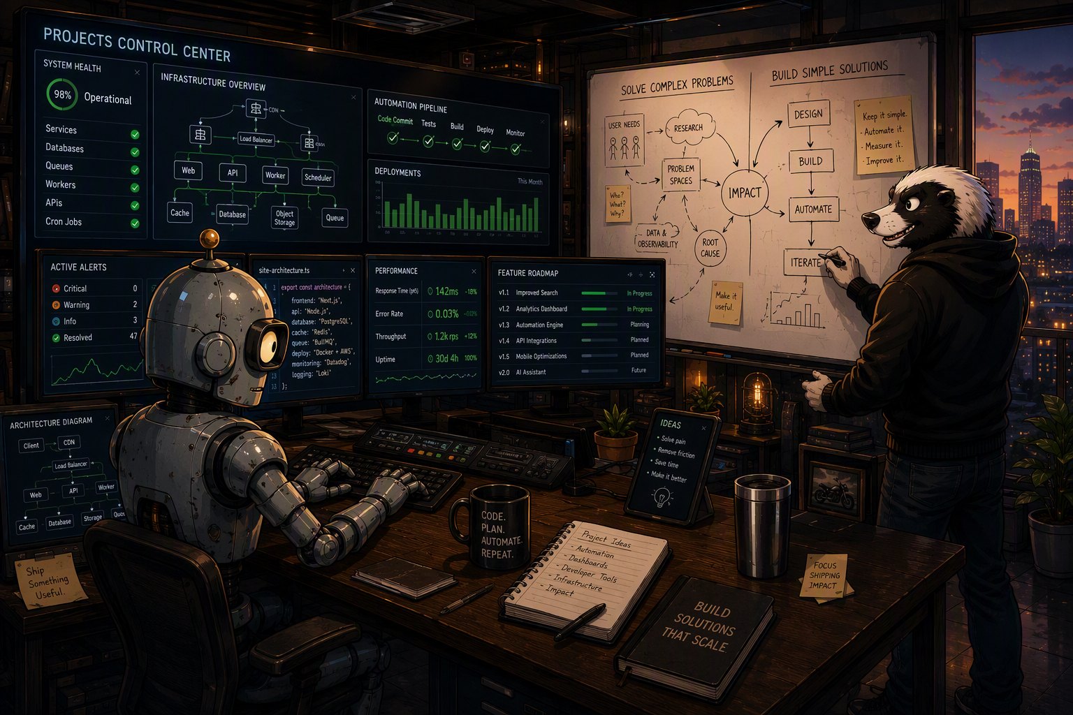A projects control-center dashboard — system health, infrastructure, deploys, roadmap — with Cory at the whiteboard